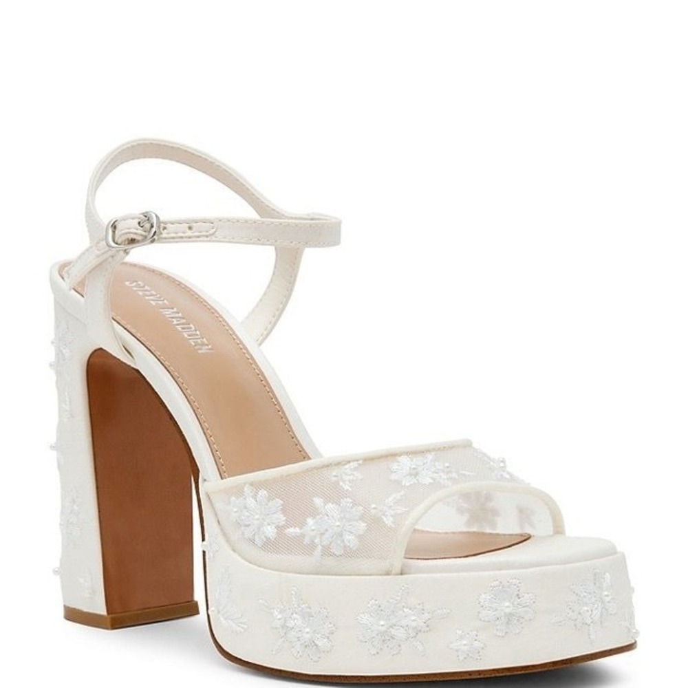 Steve Madden Liandra Embellished Heels 7.5 White Floral Pearl Platform Bridal